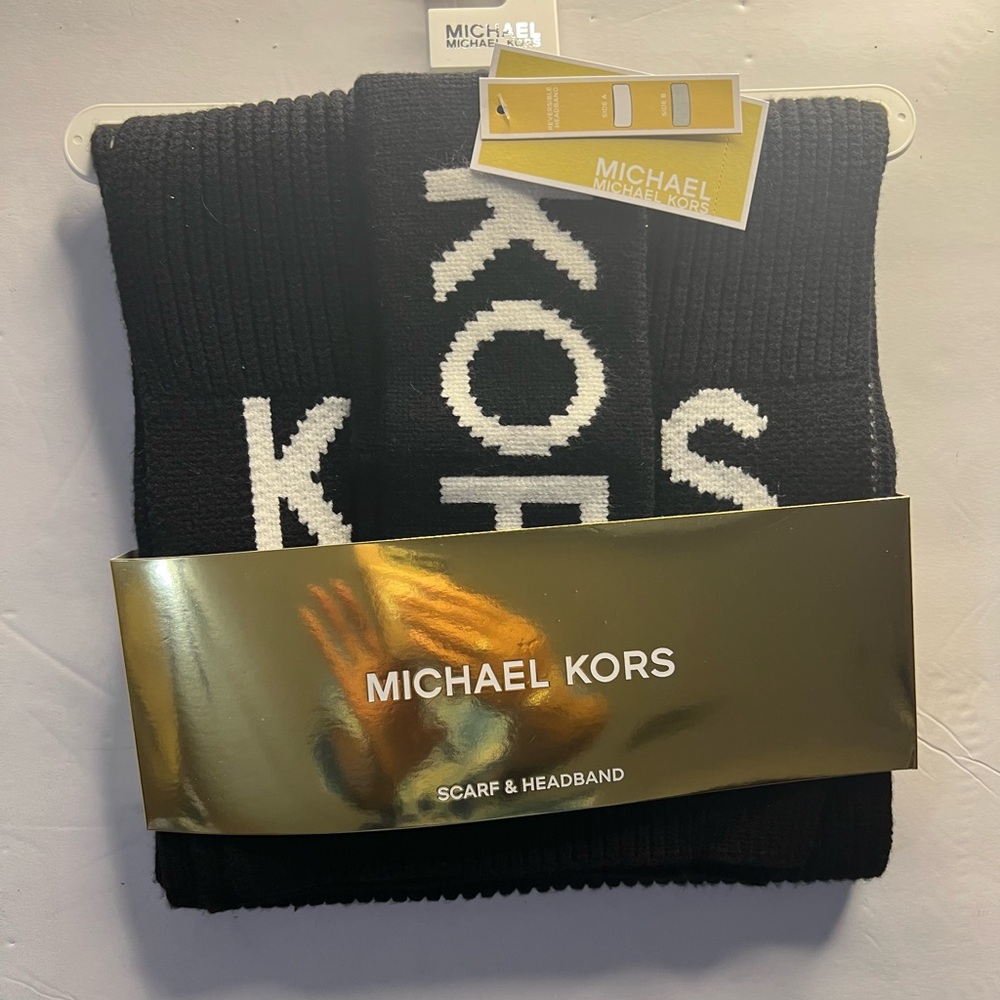 Michael Kors Black Knit Scarf and Headband Set